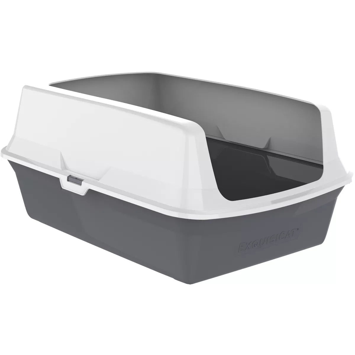 ExquisiCat Plastic Rimmed High-Sided Cat Litter Box, Open Top, Gray / White