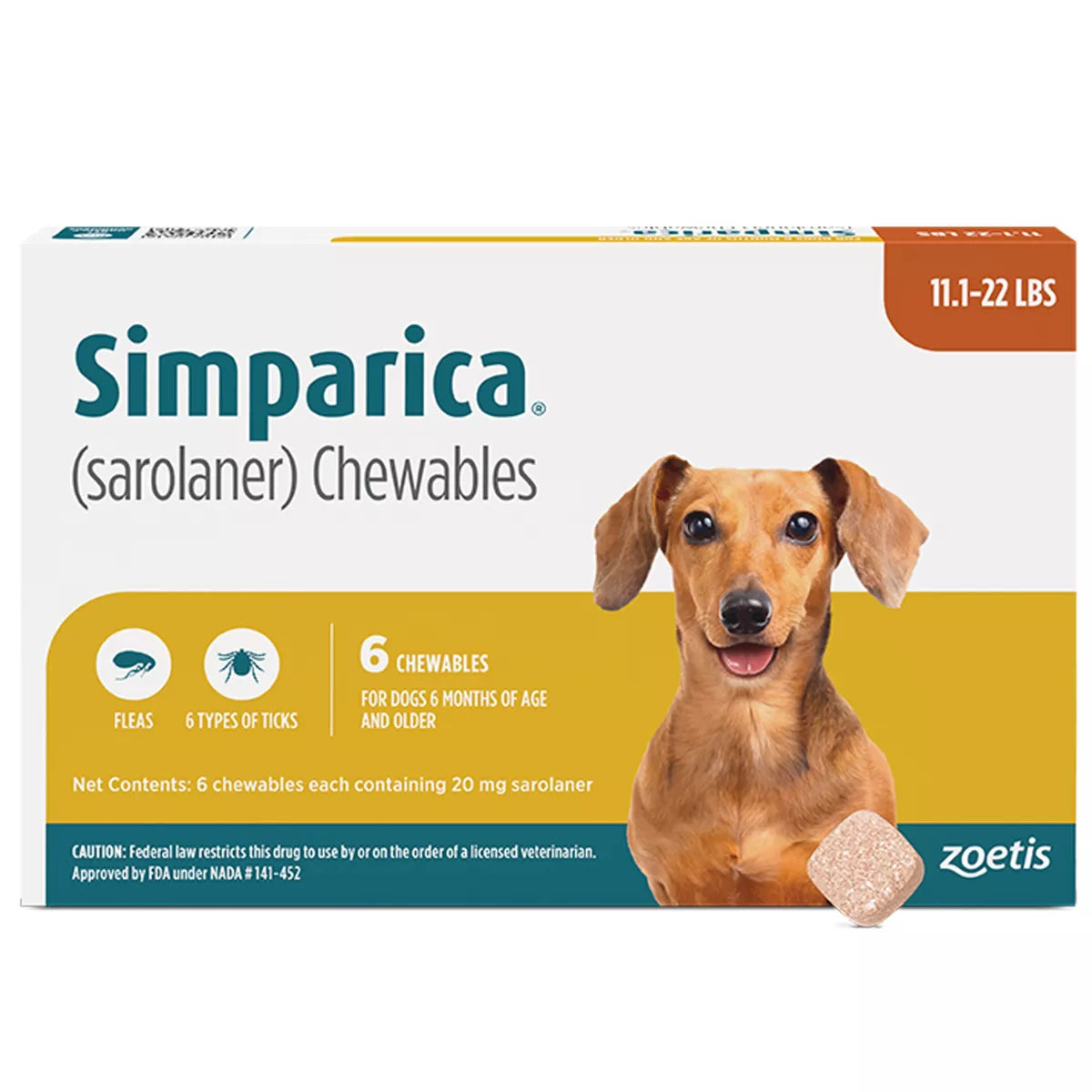 Simparica Chewables for Dogs, 11.1-22 lbs - 3 or 6 Month Supply
