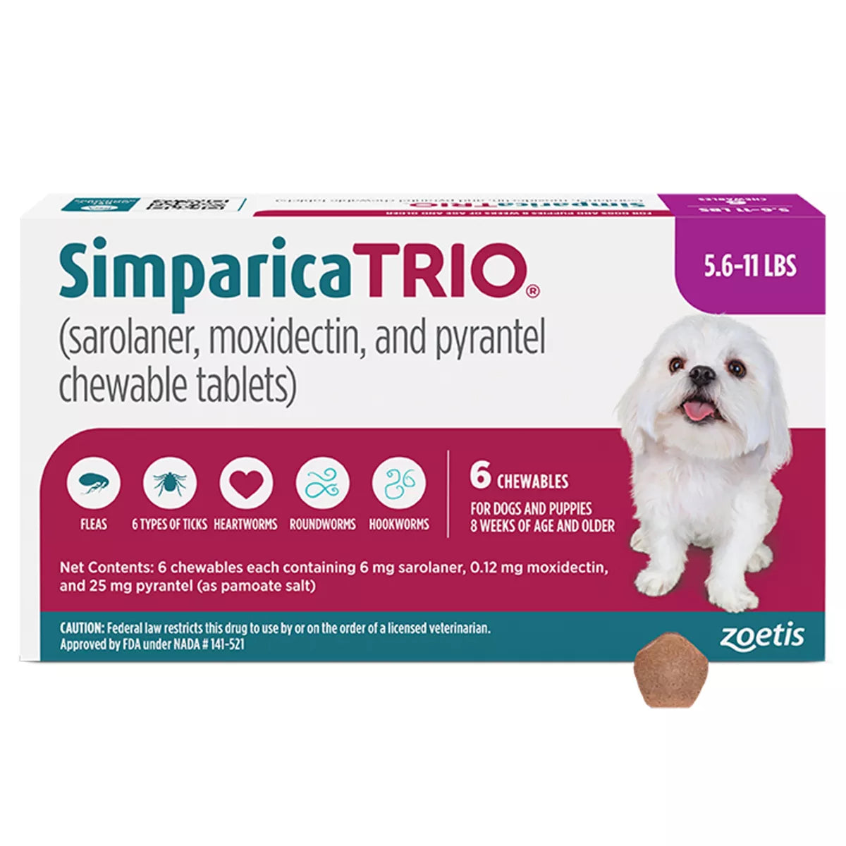 Simparica Trio Chewable Tablets for Dogs - 5.6-11 lbs, Purple Box