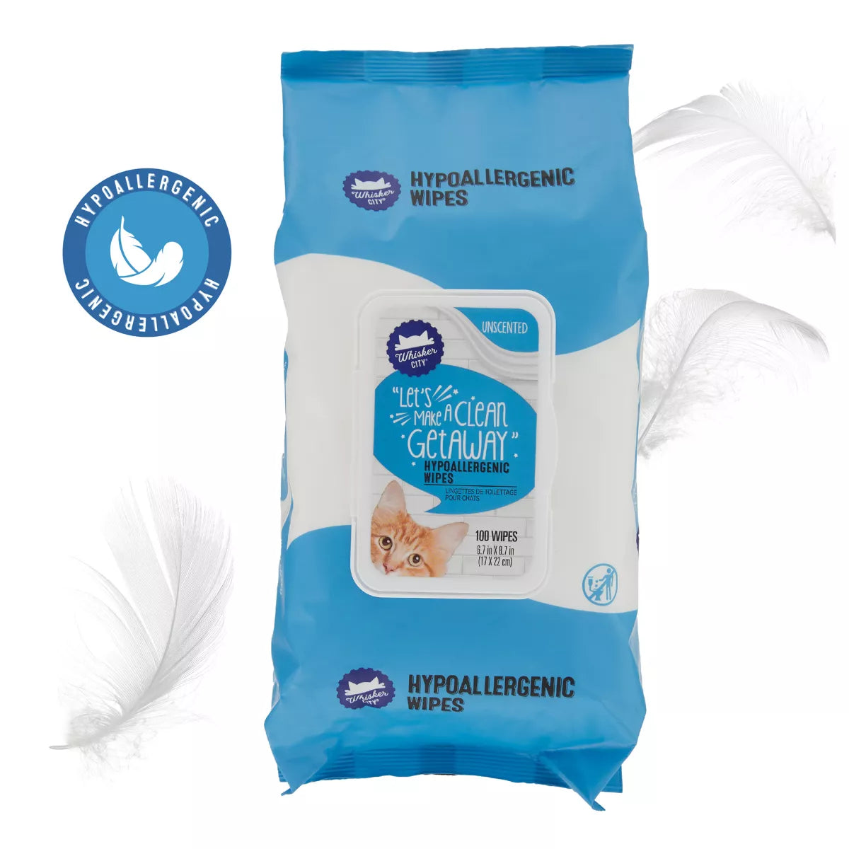 Whisker City Hypoallergenic Sensitive Skin Grooming Cat Wipes, Unscented, 100 Count