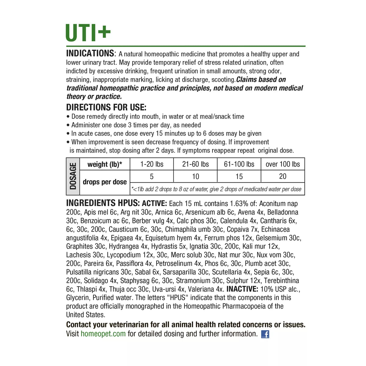 HomeoPet® Dog UTI+ Liquid Urinary Supplement, Support Upper & Lower Urinary Tract, 15-ml bottle