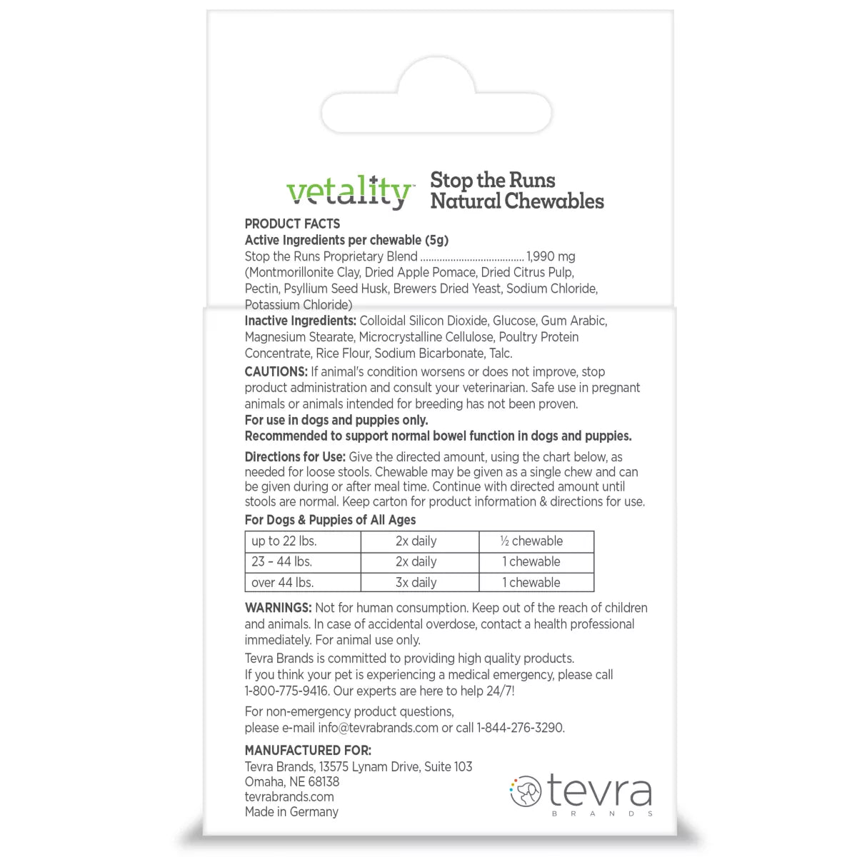 Vetality "Stop The Runs" 5g Chewables for Dogs - Probiotic & Degestive Supplement - 6 Count
