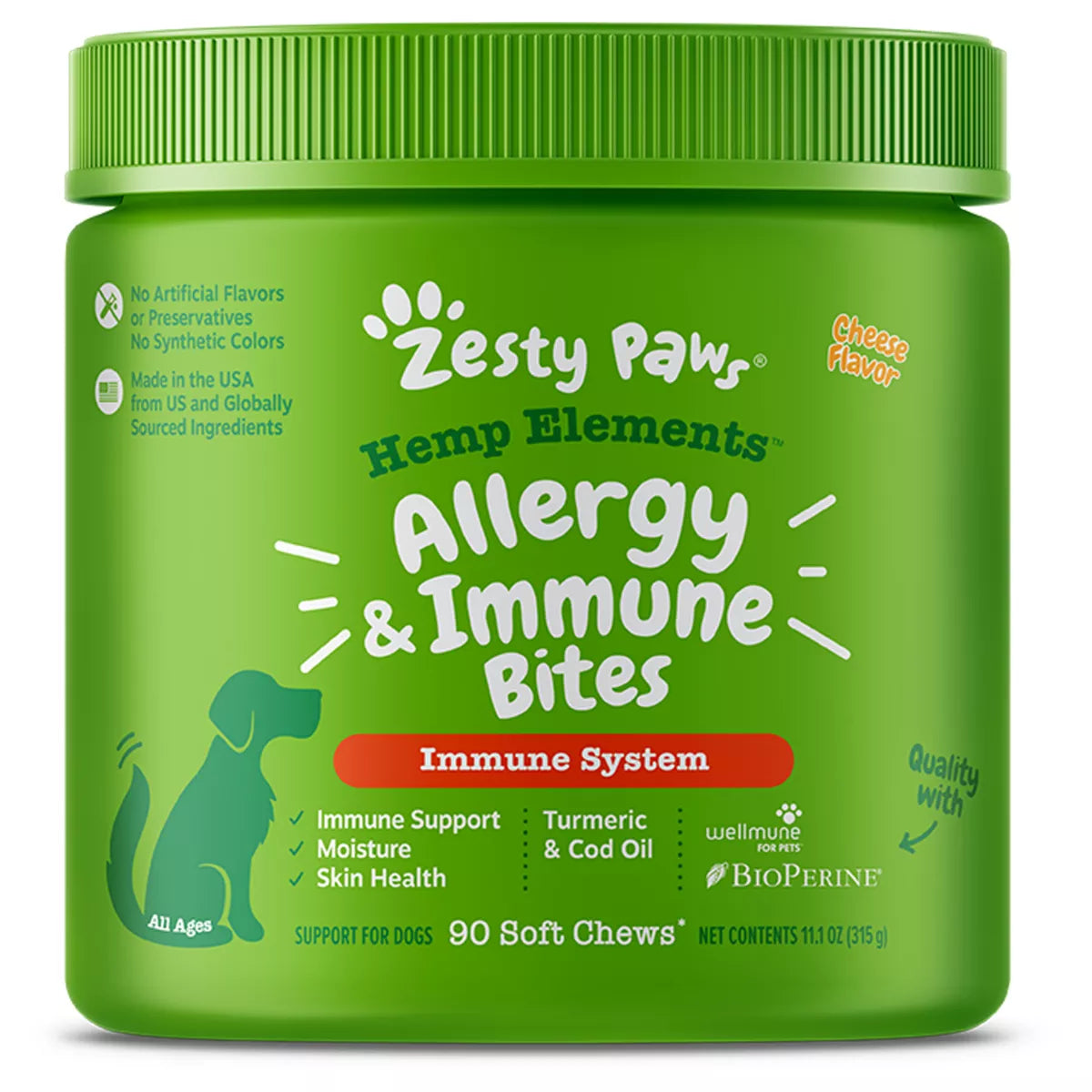 Zesty Paws Dog Hemp Elements Allergy & Immune Bites, Seasonal Allergies, Cheese Flavor, 90ct