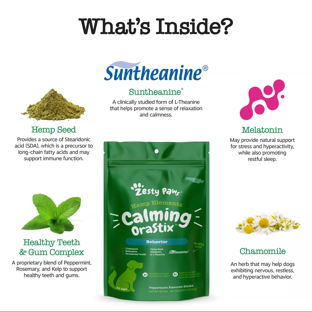 Zesty Paws Hemp Elements Calming OraStix for Dogs - Peppermint Flavor - 12 oz