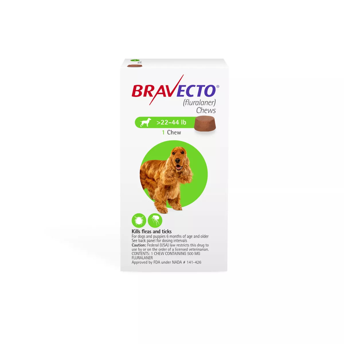 Bravecto Chews 22-44 lbs Green, 500 mg 1 chewable, 12 weeks acting