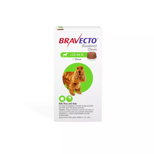 Bravecto Chews 22-44 lbs Green, 500 mg 1 chewable, 12 weeks acting
