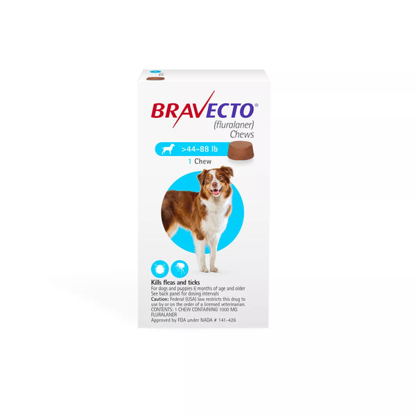 Bravecto Chews 44-88 lbs Blue, 1000 mg 1 chewable, 12 weeks acting