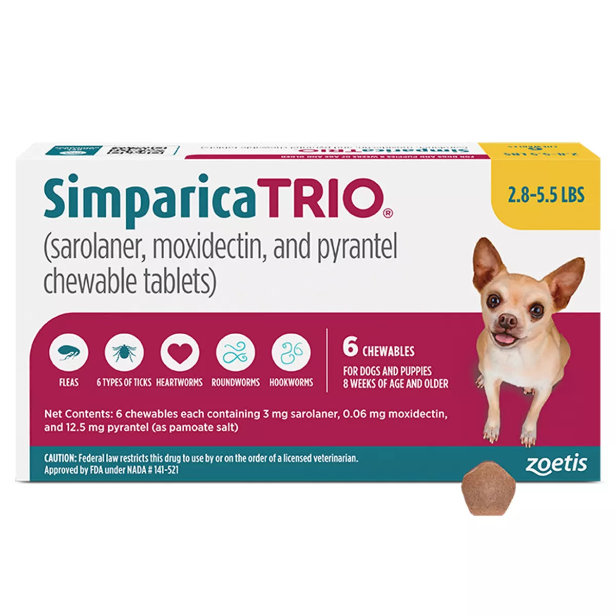 Simparica Trio Chewable Tablets for Dogs - 2.8-5.5 lbs, Gold Box