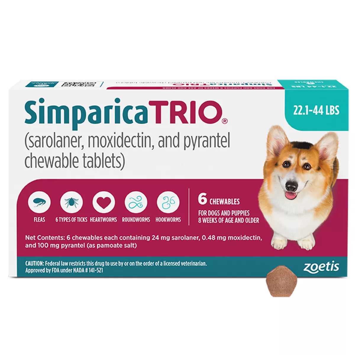 Simparica Trio Chewable Tablets for Dogs - 22.1-44 lbs, Blue Box
