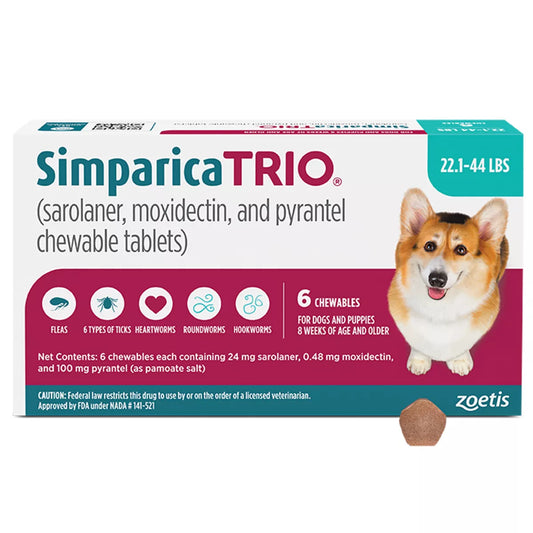 Simparica Trio Chewable Tablets for Dogs - 22.1-44 lbs, Blue Box