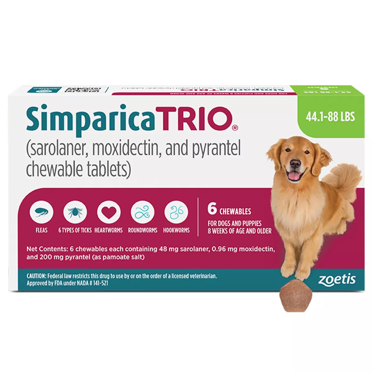 Simparica Trio Chewable Tablets for Dogs - 44.1-88 lbs, Green Box