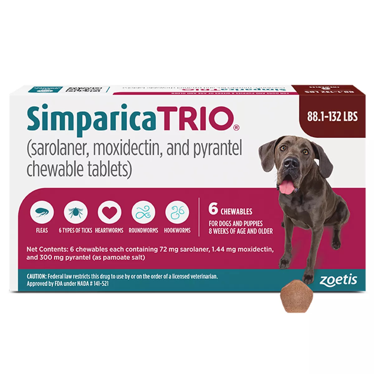 Simparica Trio Chewable Tablets for Dogs - 88.1-132 lbs, Brown Box