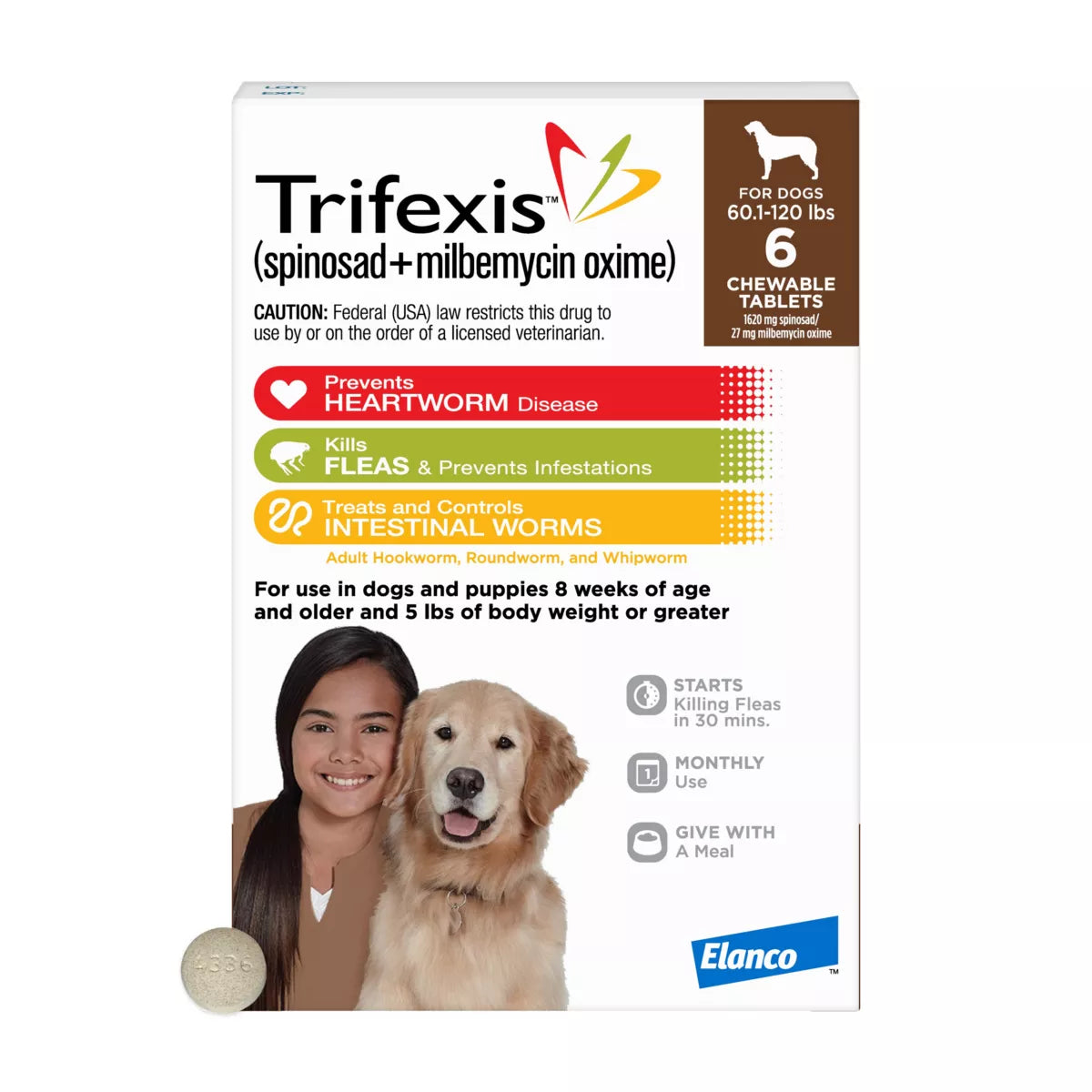 Trifexis Heartworm Prevention, Treats & Controls Flea Infestations + 4 Other Worms, Dogs 60.1-120lbs
