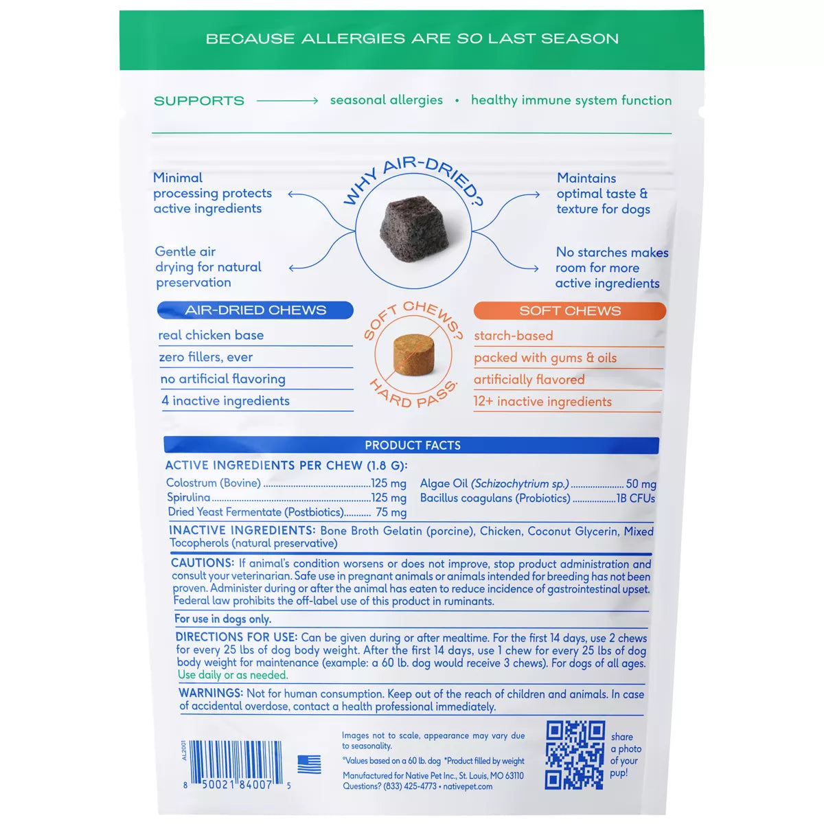 Native Pet Dog Allergy Chews for Immune & Seasonal Allergies, Made with Real Chicken, 60ct, 120ct
