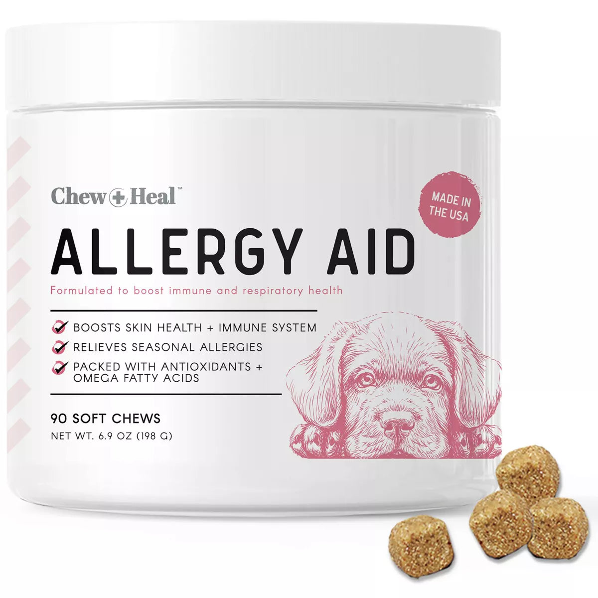 Chew + Heal Dog Allergy Itch Relief Vitamin, Immune System Supplements, Chicken Flavor, 90 Count