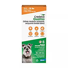 Credelio Quattro Chewable Tablets Dogs 12.1-25 lbs, 6-in-1 Parasite Protection, 1 & 6 Month Supply
