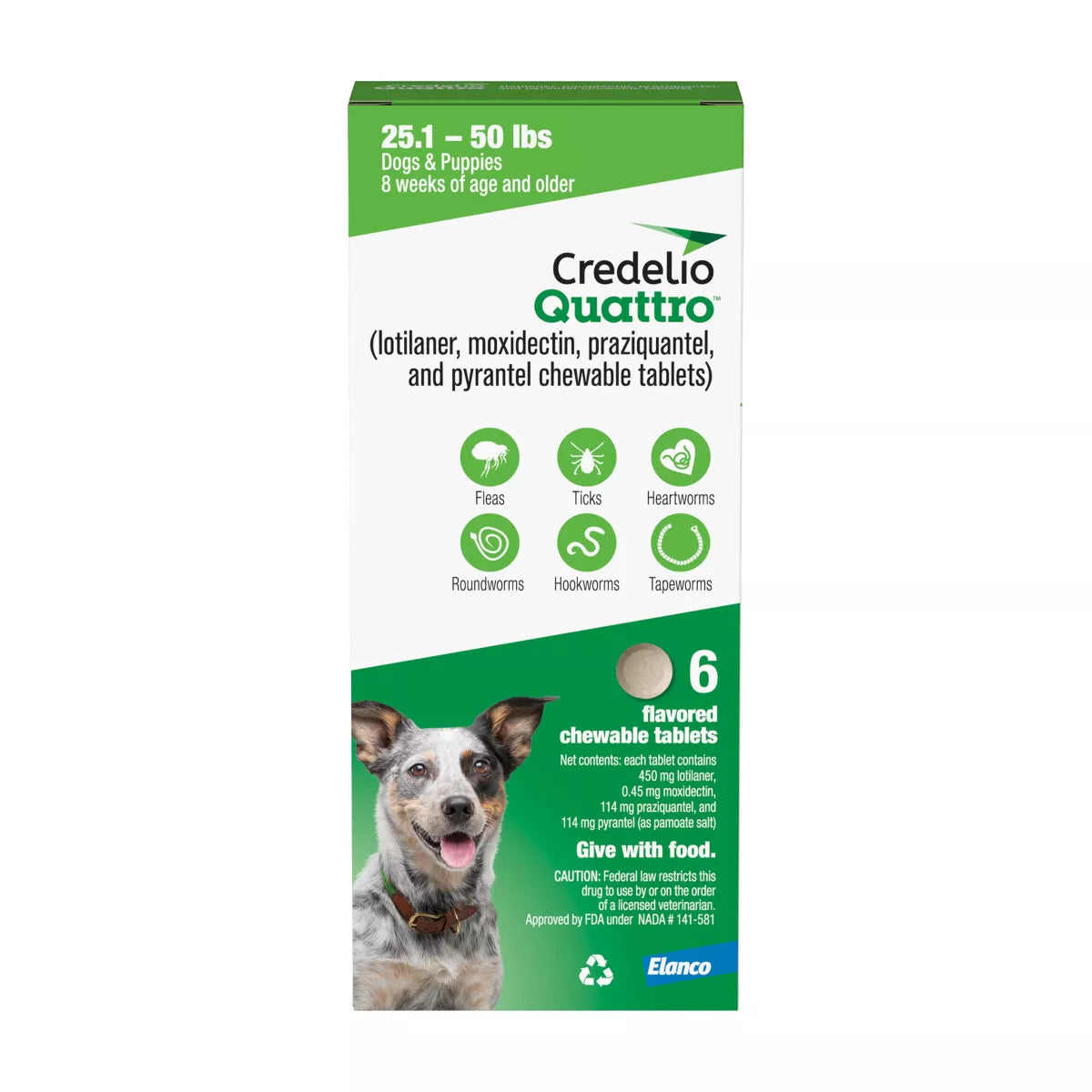 Credelio Quattro Chewable Tablets Dogs 25.1-50 lbs, 6-in-1 Parasite Protection, 1 & 6 Month Supply