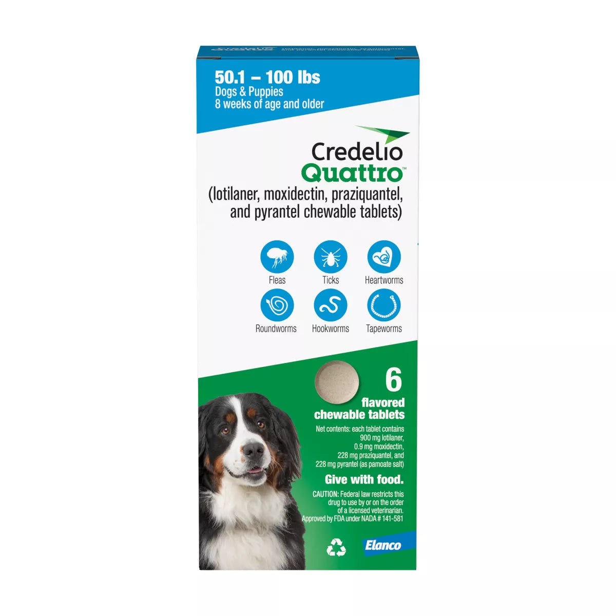Credelio Quattro Chewable Tablets Dogs 50.1-100 lbs, 6-in-1 Parasite Protection, 1 & 6 Month Supply