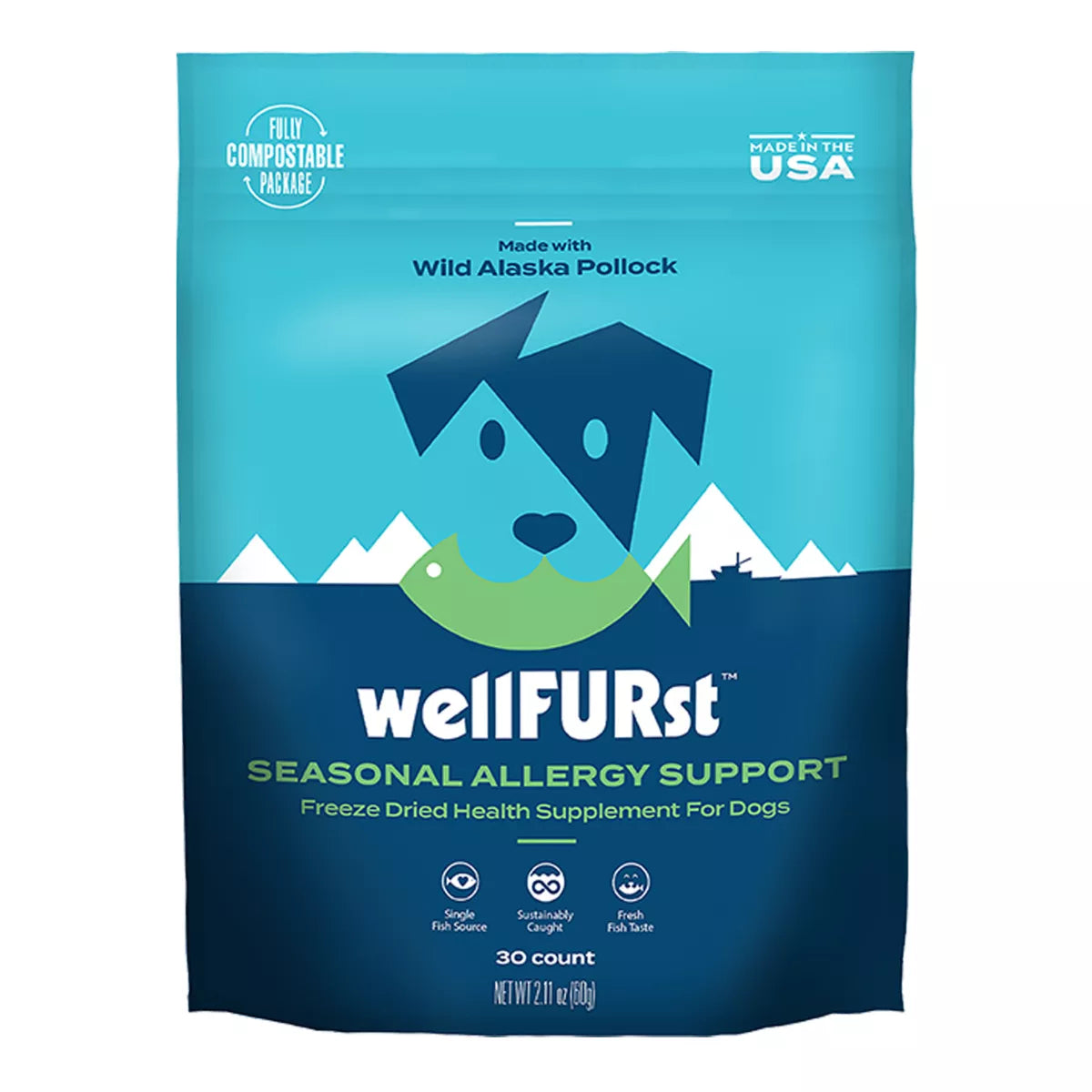 wellFURst Dog Seasonal Allergy Support, Freeze Dried Supplement Made with Wild Alaska Pollock, 30ct