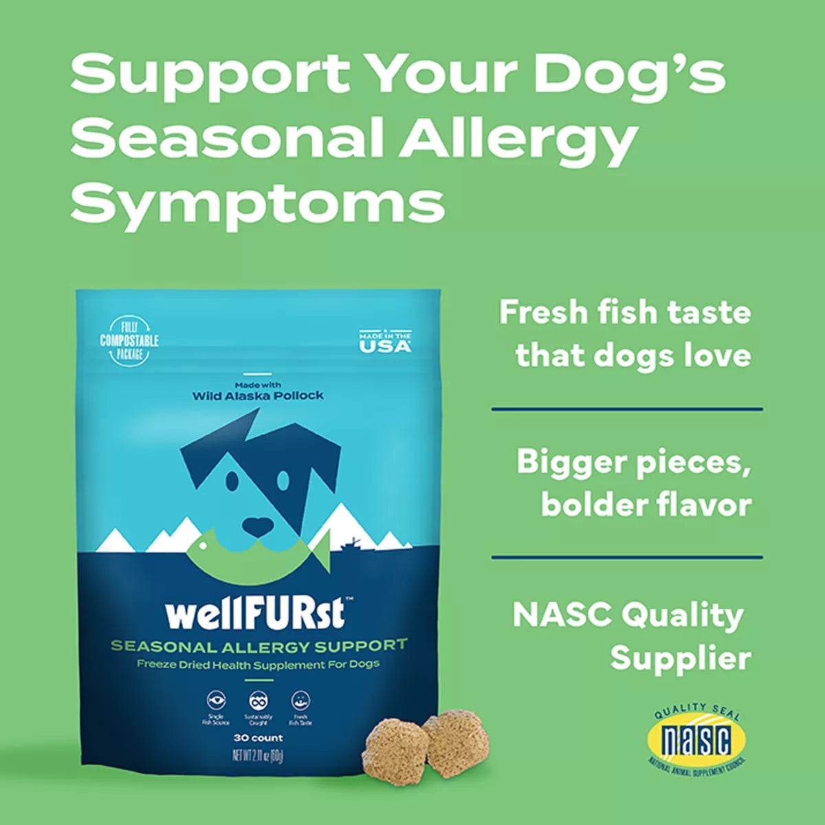 wellFURst Dog Seasonal Allergy Support, Freeze Dried Supplement Made with Wild Alaska Pollock, 30ct