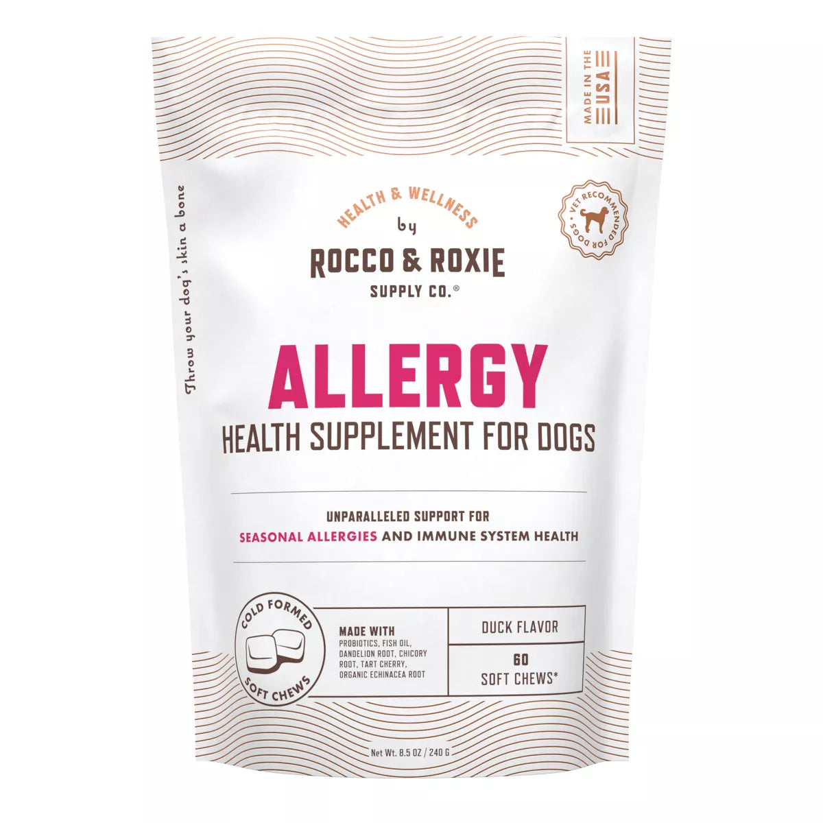Rocco & Roxie Dog Allergy Health Supplement Soft Chew, Seasonal Allergy, Duck Flavor, 60 Count