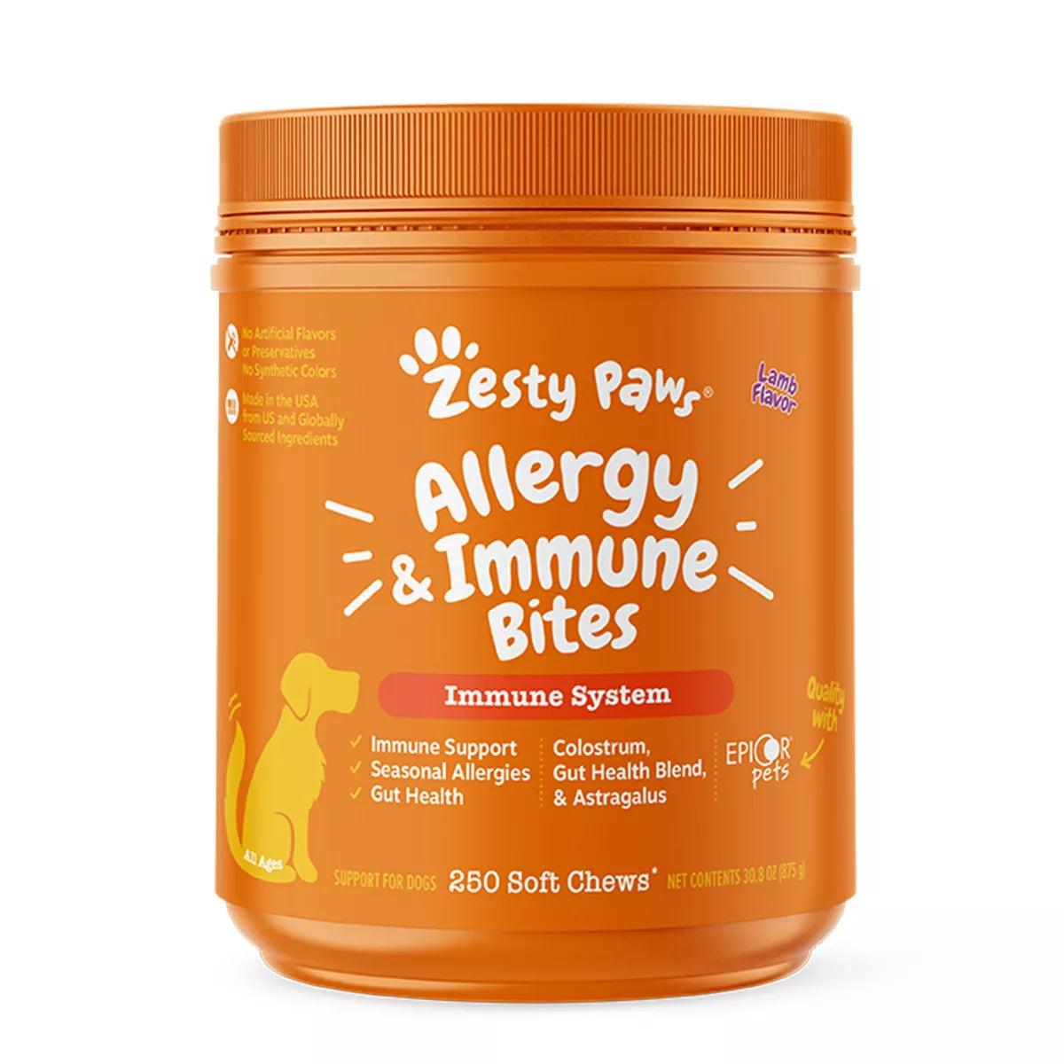 Zesty Paws Dog Allergy & Immune Bites Immune & Gut Support Supplement, Lamb Flavor, 250 Count