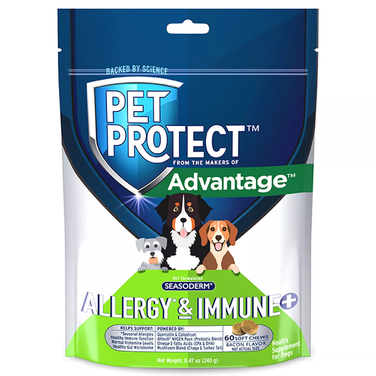 Pet Protect Dog Allergy & Immune+ Soft Chew Supplements, Vet-Formulated, Bacon Flavor, 60 Count